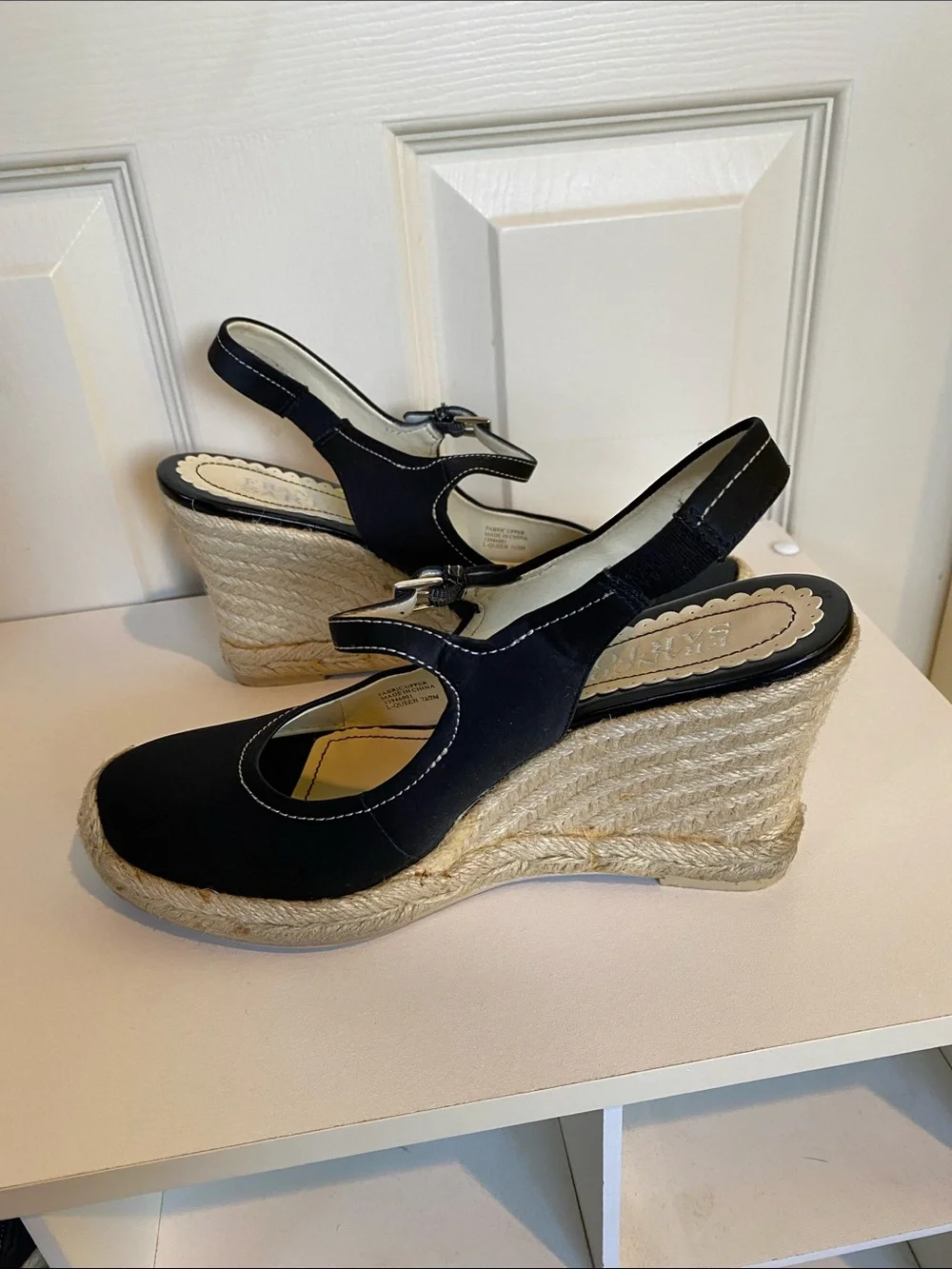 Franco Sarto Black and Cream Espadrille Wedge Slingbacks